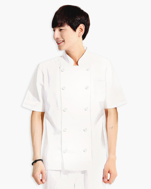 西式餐飲廚師服-雙排釦短袖-米白