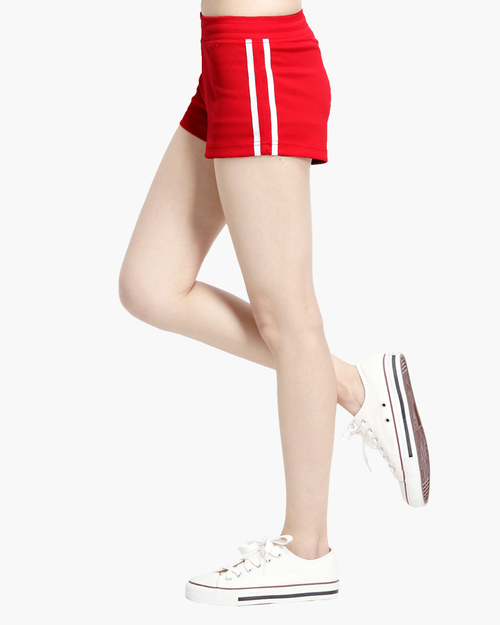 排汗短褲 側邊雙線 運動短褲 女 紅配條白