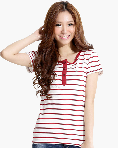 條紋開襟T 短袖 女-紅白條紋  |女裝|夏日輕衫系列|彈性條紋棉T系列