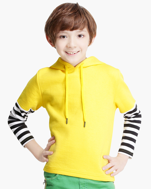 保暖厚棉帽T/條紋接袖款/童-黃色  |童裝|秋冬保暖系列|帽T厚綿保暖系列