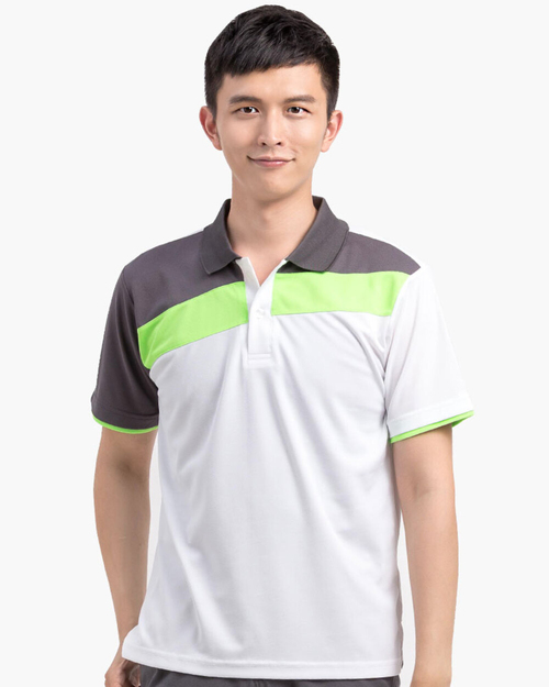 排汗POLO衫短袖/吸引力快乾/斜片剪接造型款/男-白配灰螢光綠  |男裝|夏日輕衫系列|排汗POLO衫隔濕吸引力快乾