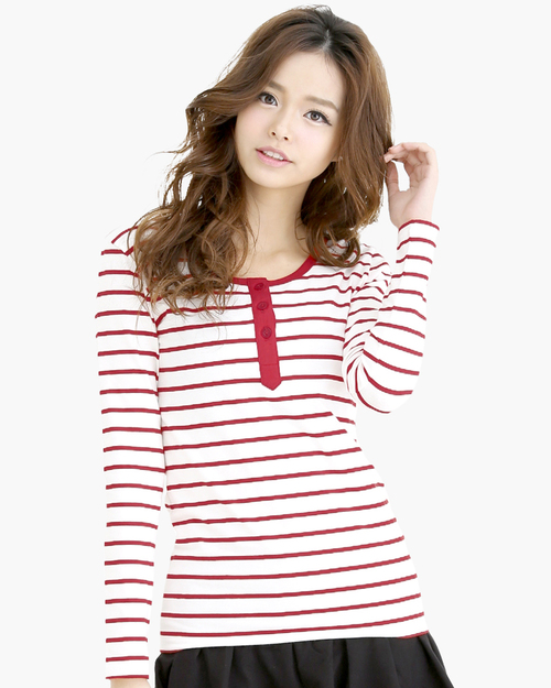 條紋開襟T 長袖 女-白紅條紋  |女裝|秋冬保暖系列|彈性條紋棉T系列