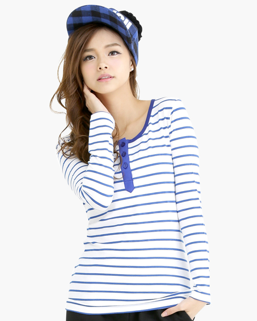 條紋開襟T 長袖 女-白藍條紋  |女裝|秋冬保暖系列|彈性條紋棉T系列