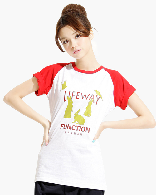 圓領T短袖/純綿/圖T款/Rabbit斜袖加長/女-白接袖大紅  |女裝|夏日輕衫系列|純棉T恤系列