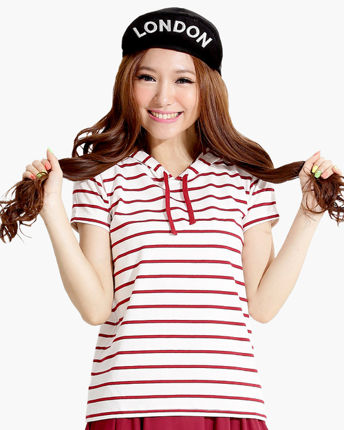 條紋帽T 短袖 女-紅白條紋產品圖