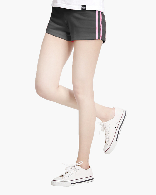 排汗短褲 側邊雙線 運動短褲 女 灰配條粉紅產品圖