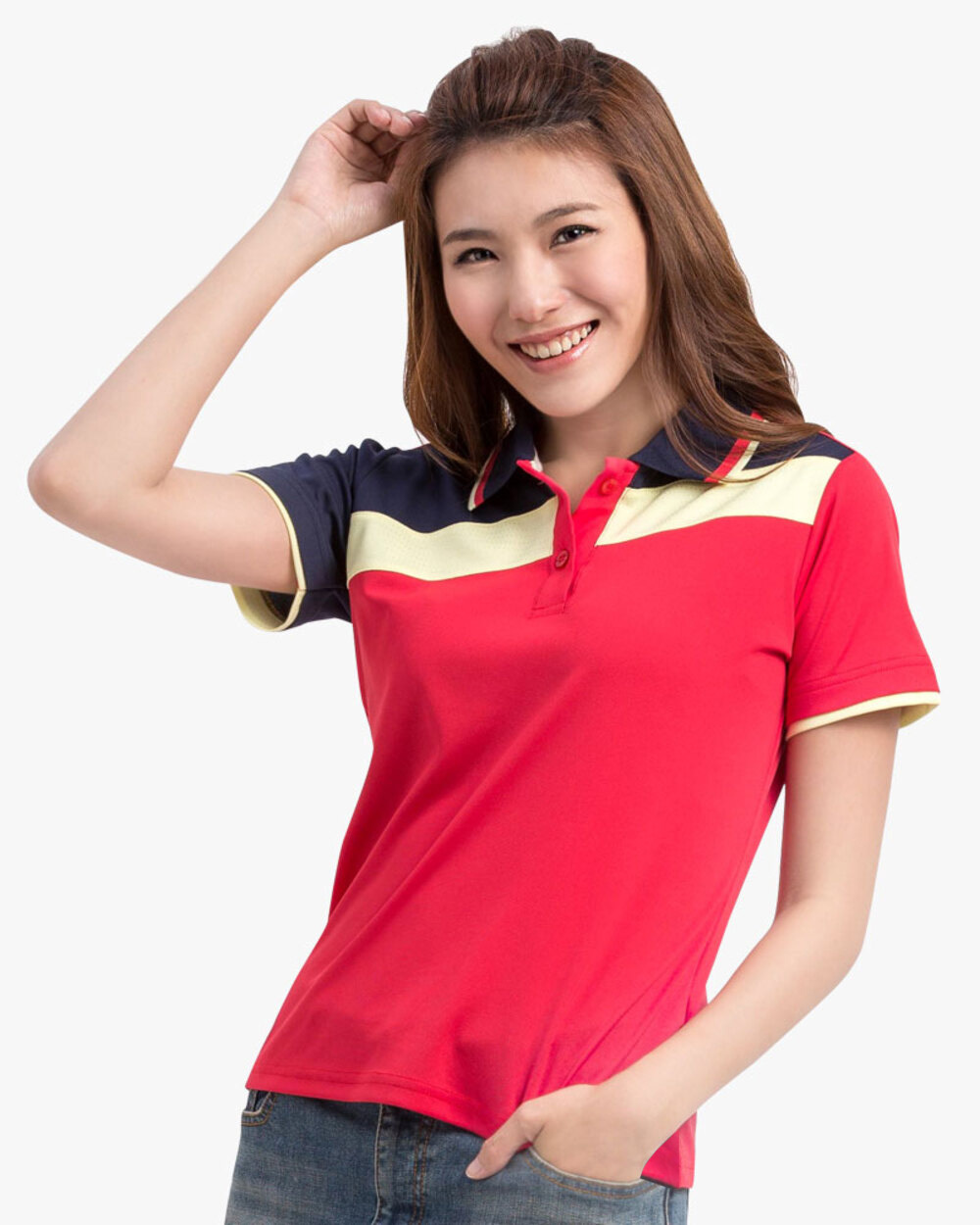 排汗POLO衫 短袖 吸引力快乾 斜片剪接造型款 女-紅配丈青黃  |女裝|夏日輕衫系列|排汗POLO衫隔濕吸引力快乾